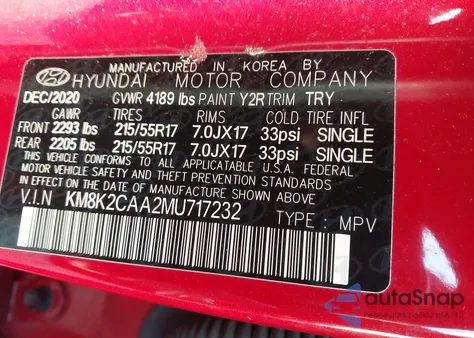 2021 Hyundai Kona Sel from USA, damaged, VIN KM8K2CAA2MU717232